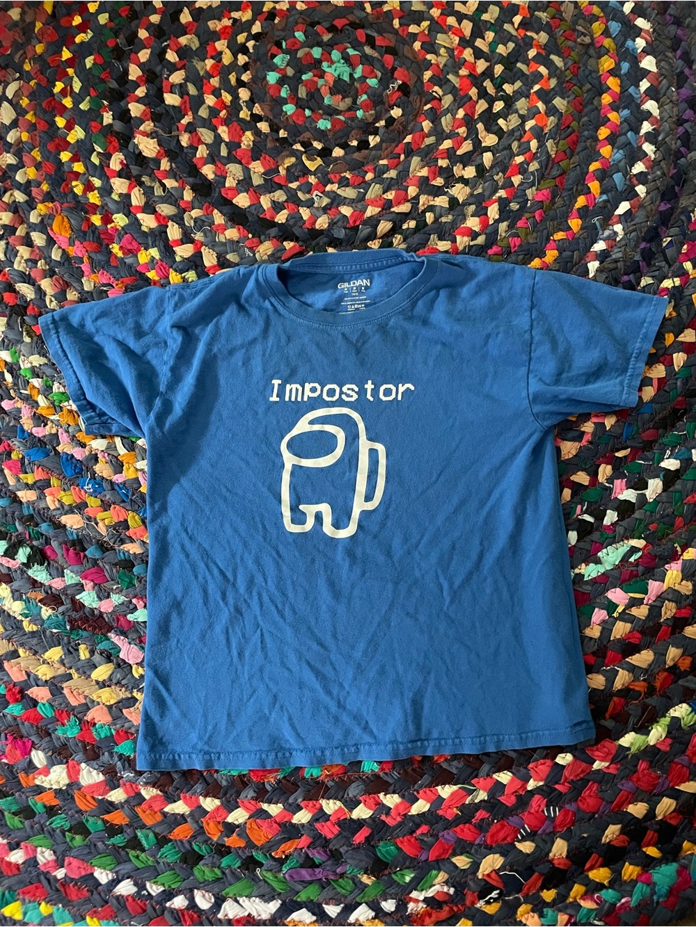 Gildan Blue Kids' Short Sleeve Tee with White 'Impostor' Graphic Among Us